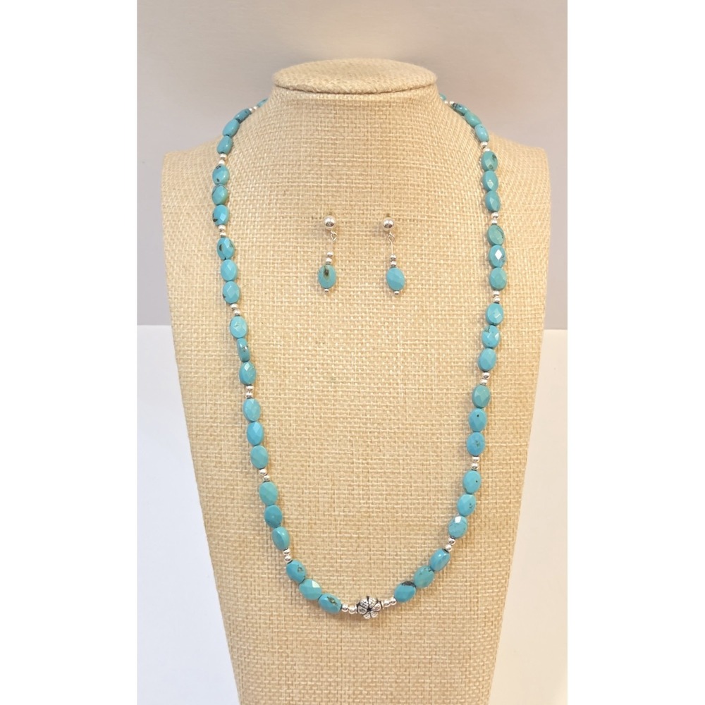 Southwestern Sterling Silver‎ Fancy Cut Turquoise Color Stone Necklace Earrings